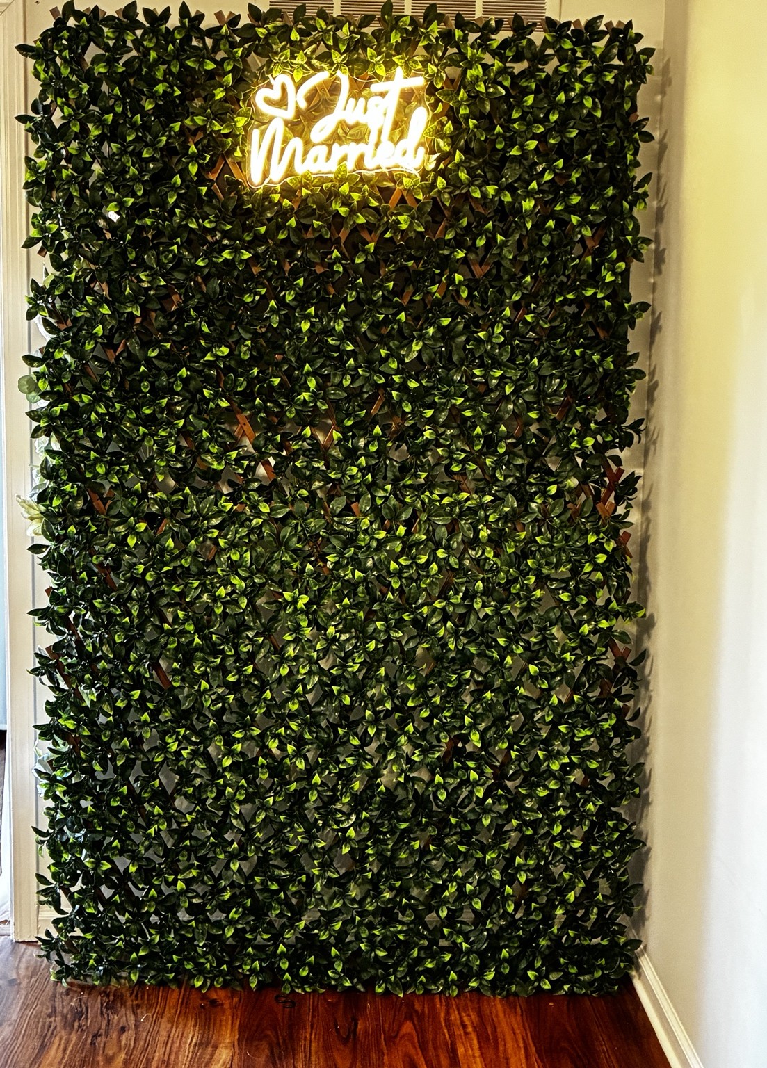Greenery photo wall with a lit Just Married sign